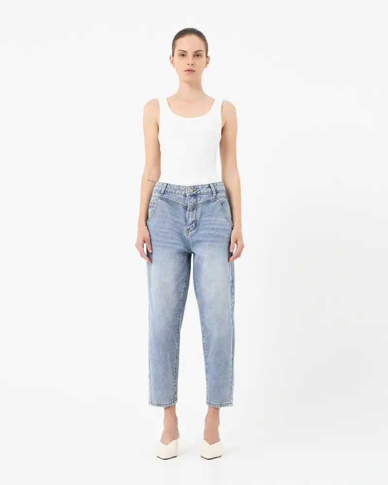 Forcast Clothing, the Jovie Barrel Crop Jeans, featuring front and back yoke detail in a silightly tapered silhouette