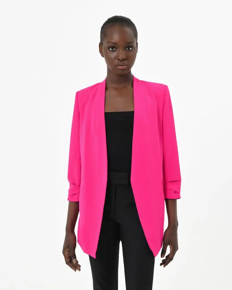 Forcast Clothing, the Carter 3 Collarless Blazer, featuring open front and collarless design