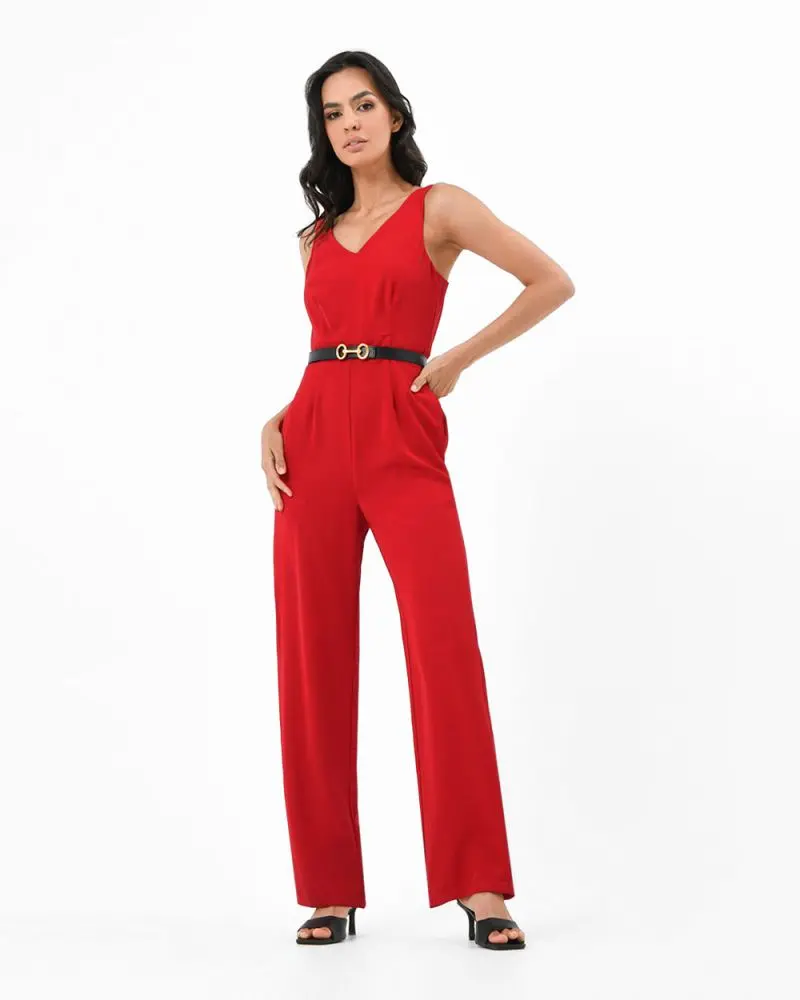 Forcast Clothing, the Elena V-Neck Jumpsuit, featuring straight leg silhouette and V-neckline in a subtle shine fabrication