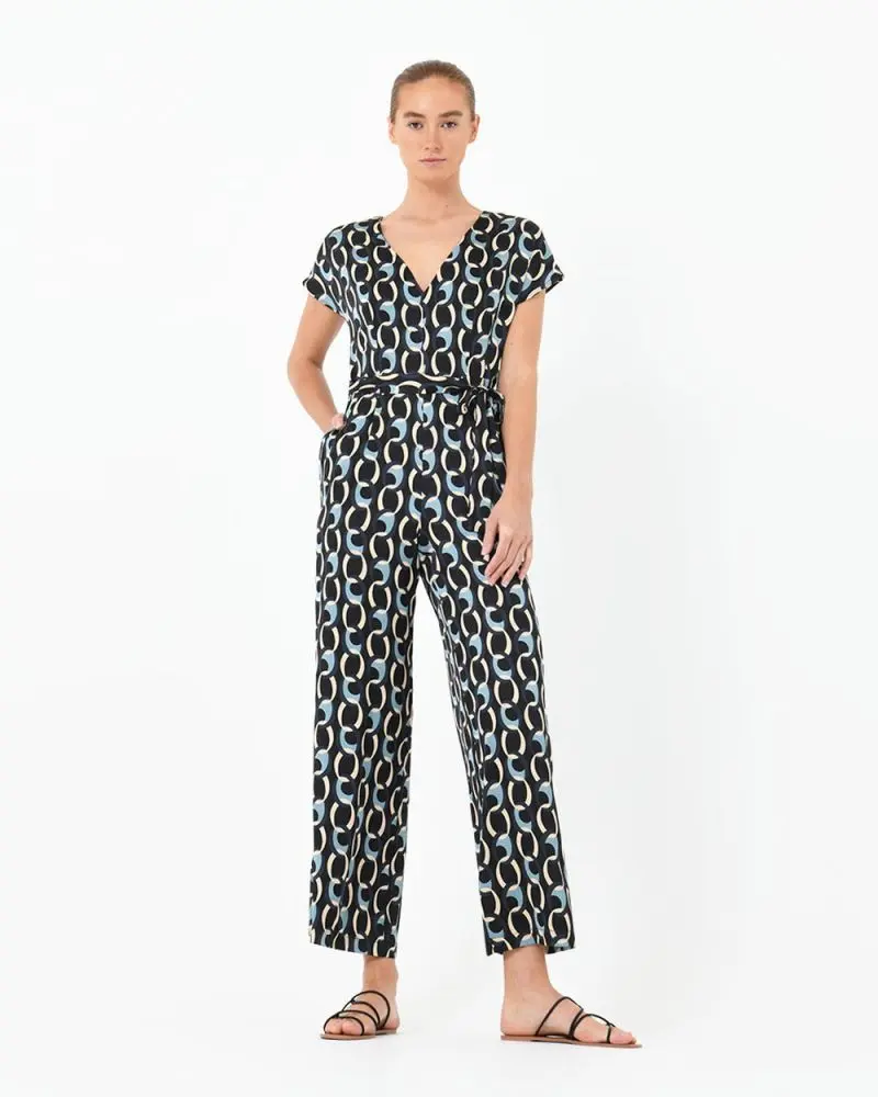 Forcast Clothing, the Delphi Retro Print Jumpsuit, featuring v-neckline and full length wide leg silhouette