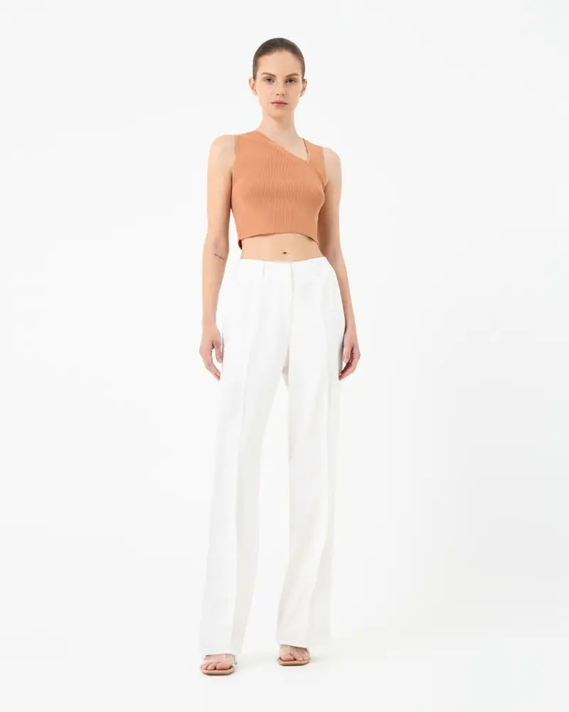Forcast Clothing, the Cher Asymmetric Crop Knit Top, featuring asymmetric neckline, ribbed texture knit and cropped length