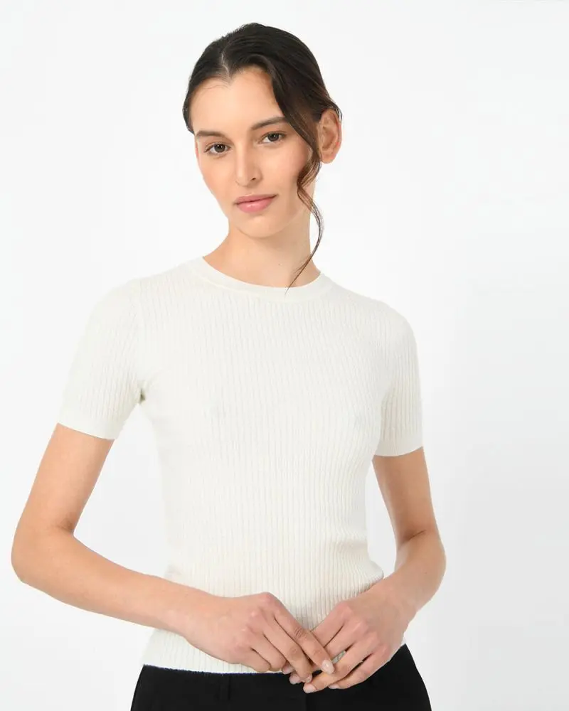Forcast Clothing, the Zari Crewneck Knit Top, featuring ribbed textured knit and fitted cut