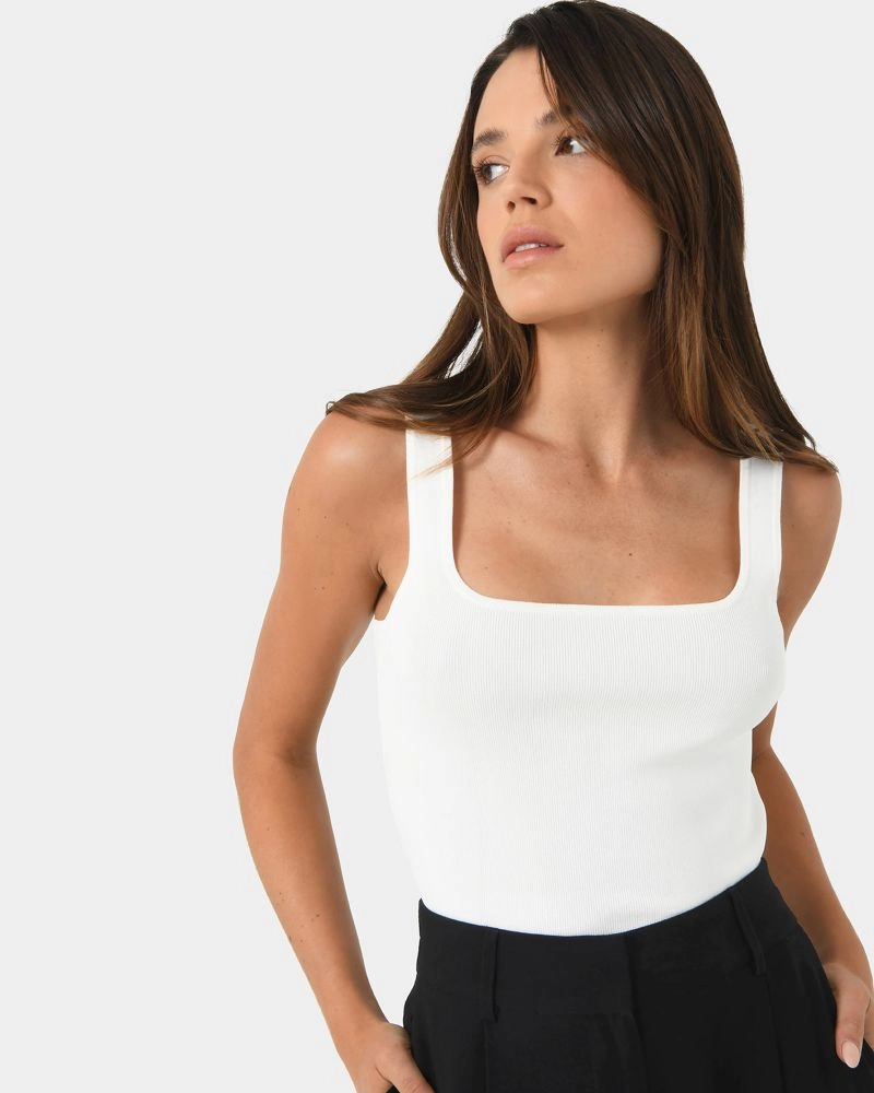 Forcast clothing, the Miami Cropped Sleeveless Knit Top, featuring a ribbed texture and cropped length.