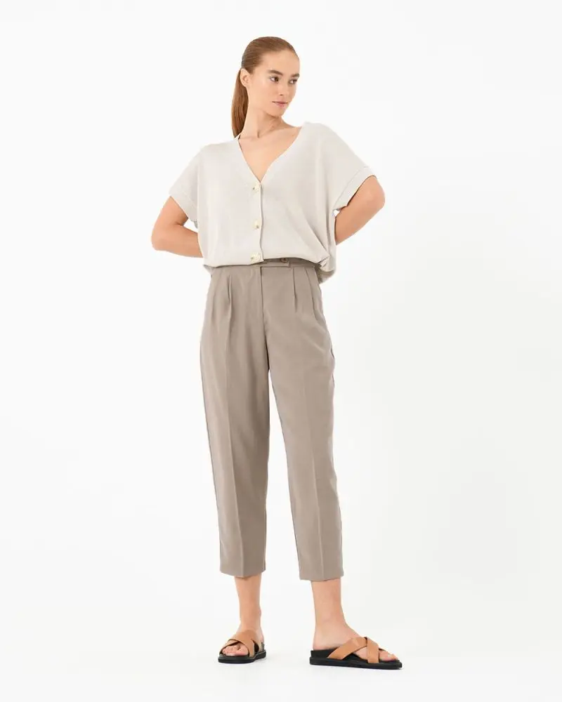 Forcast Clothing, the Reya Tapered Baggy Pants, featuring button tab at waist and tapered silhouette