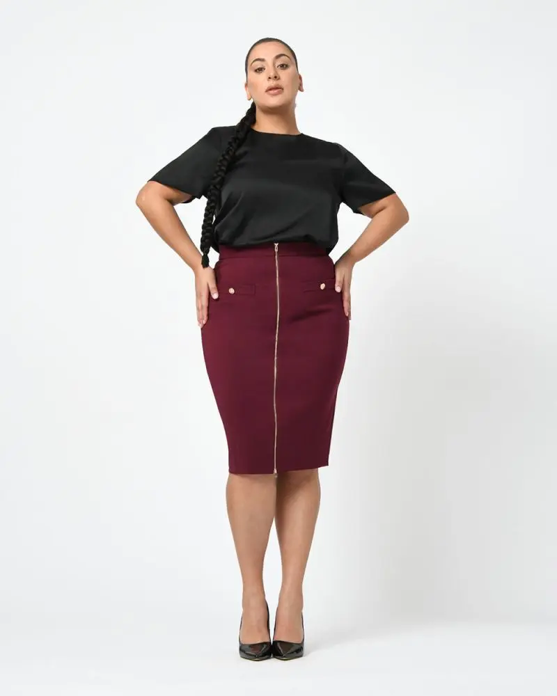 Forcast Clothing, the Eryn Front Zip Pencil Skirt, featuring two-way zipper and stretch fabrication