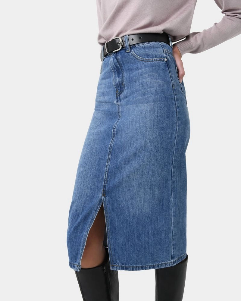 Forcast Clothing, the Brynn Slit Denim Skirt, featuring pencil silhouette and split front hem