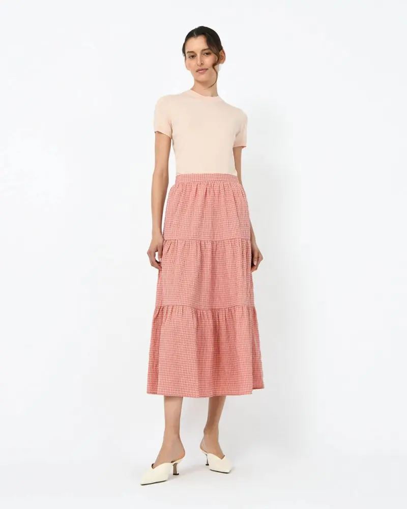 Forcast Clothing, the Valencia Check Skirt, featuring tiered details in an a-line silhouette