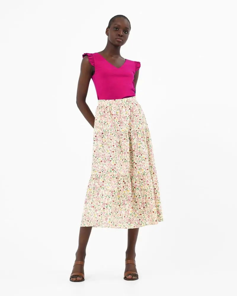 Forcast Clothing, the Doha Floral Print Tiered Skirt, features floral print and midi length