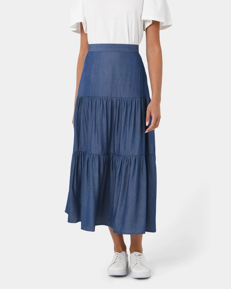 Forcast Clothing - Ayleen Chambray Tiered Skirt