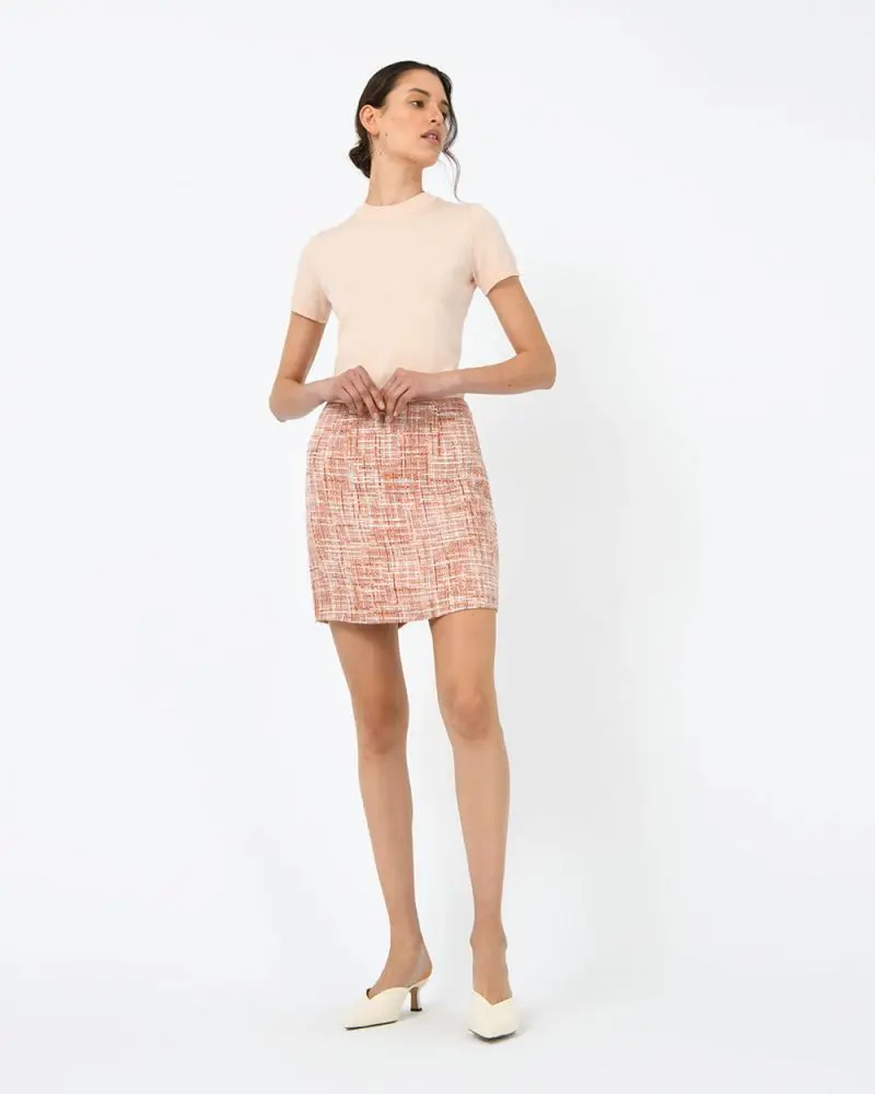 Forcast Clothing, the Gabrielle Tweed Skirt, featuring tweed textured fabrication in a mini length 