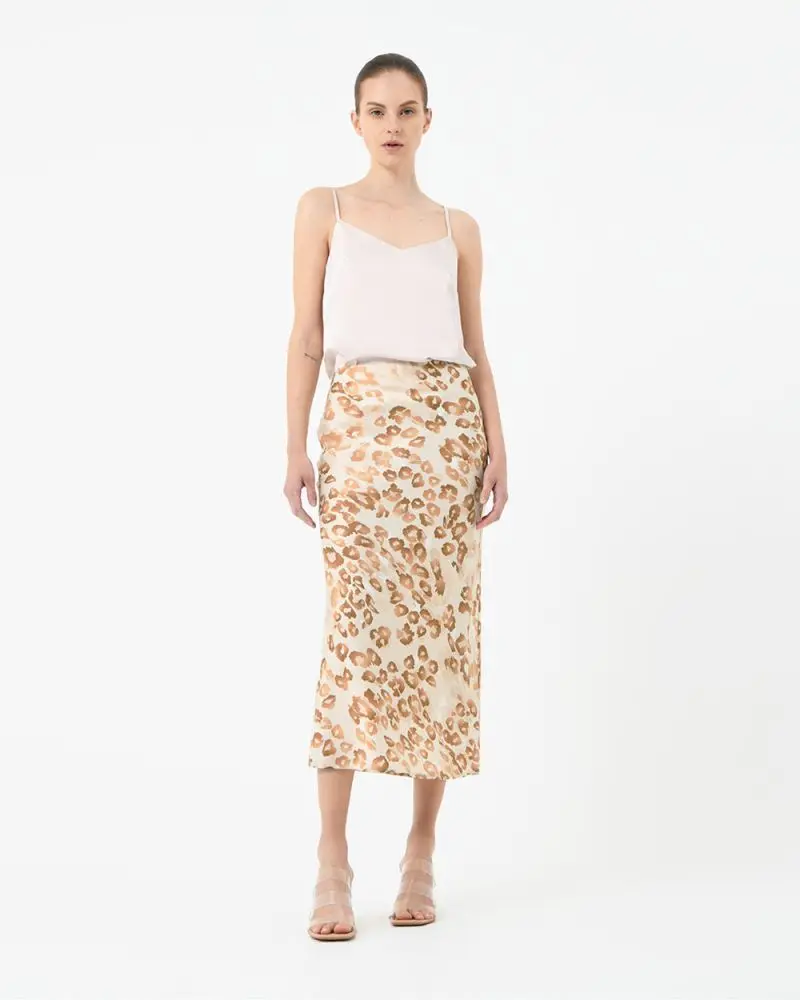 Forcast Clothing, the Madison Animal Print Bias Skirt, featuring silky satin shine in a bias silhouette