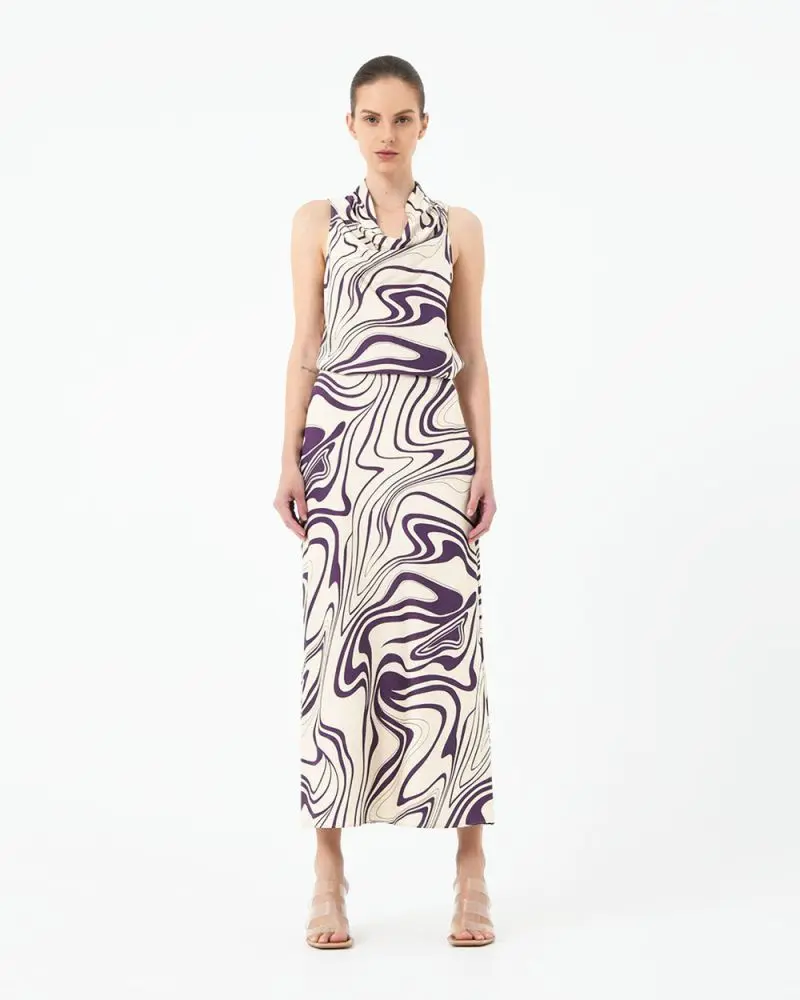 Forcast Clothing, the Gaia Printed Satin Skirt, featuring printed fabrication in a bais silhouette