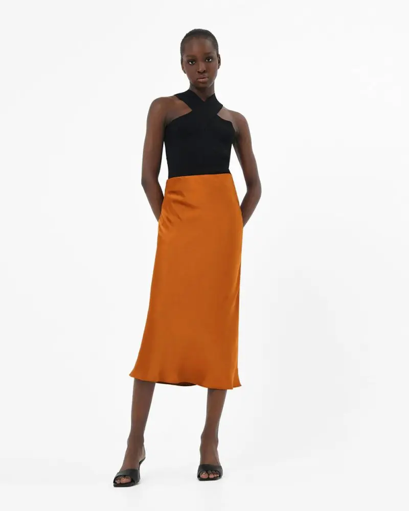 Forcast Clothing, the Sirocco Bias Skirt, featuring classic bais cut in silky satin fabrication