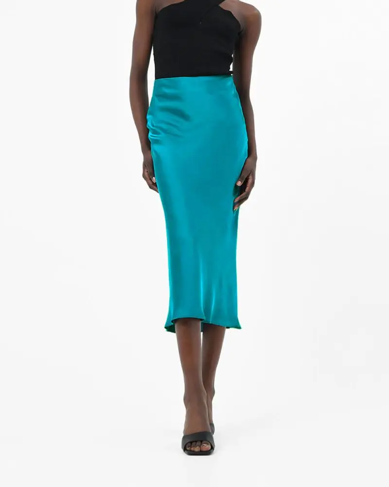 Forcast Clothing, the Sirocco Bias Skirt, featuring classic bais cut in silky satin fabrication 