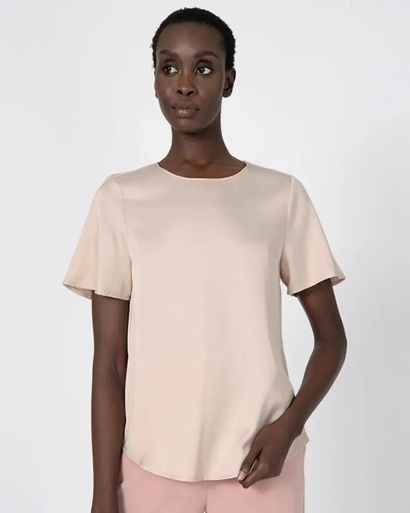 Forcast Clothing, the Ila Round Neck Top, featuring soft subtle shine fabrication in a simple design