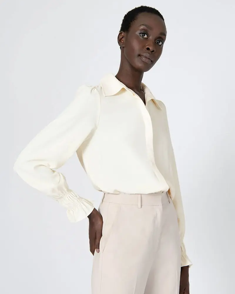 Forcast Clothing, the Jasmina Collared Blouse, design featuring gathered elastic sleeves in a fine textured fabrication
