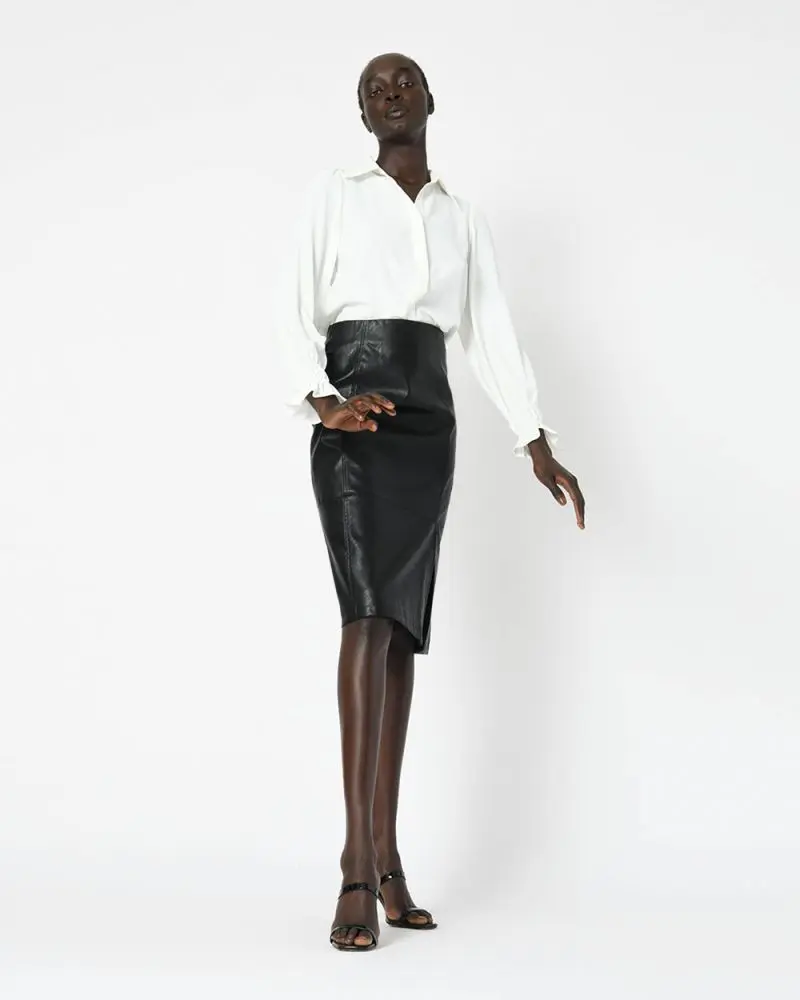 Forcast Clothing, the Jasmina Collared Blouse, featuring gathered elastic sleeves in a fine textured fabrication