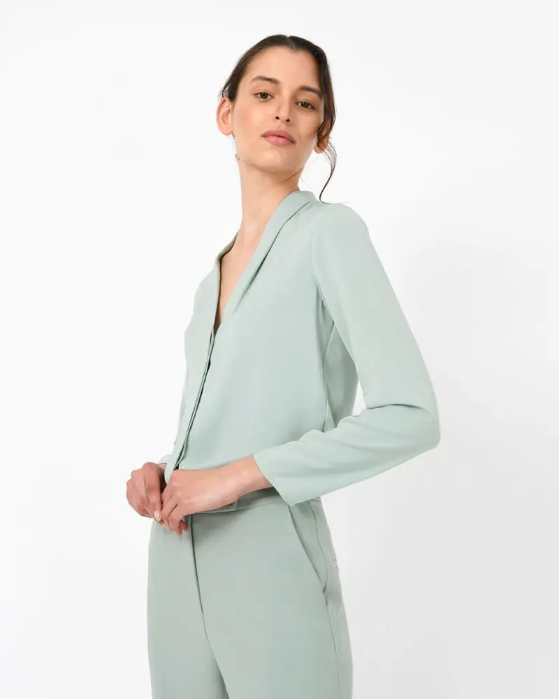 Forcast Clothing, the Lilian 2 Long Sleeve Blouse, featuring pleated neckline and concealed button up