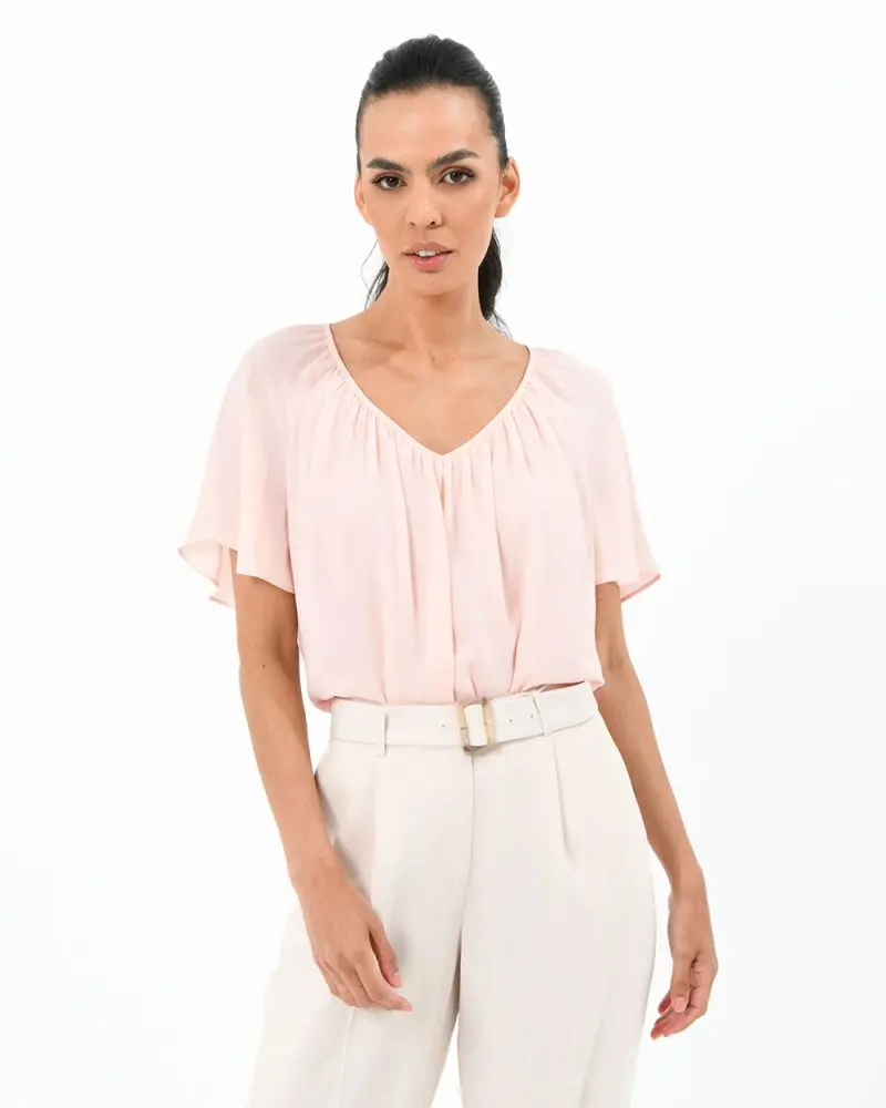 Forcast Clothing, the Nico Gathered Neck Top, featuring gathered neckline and flutter sleeves