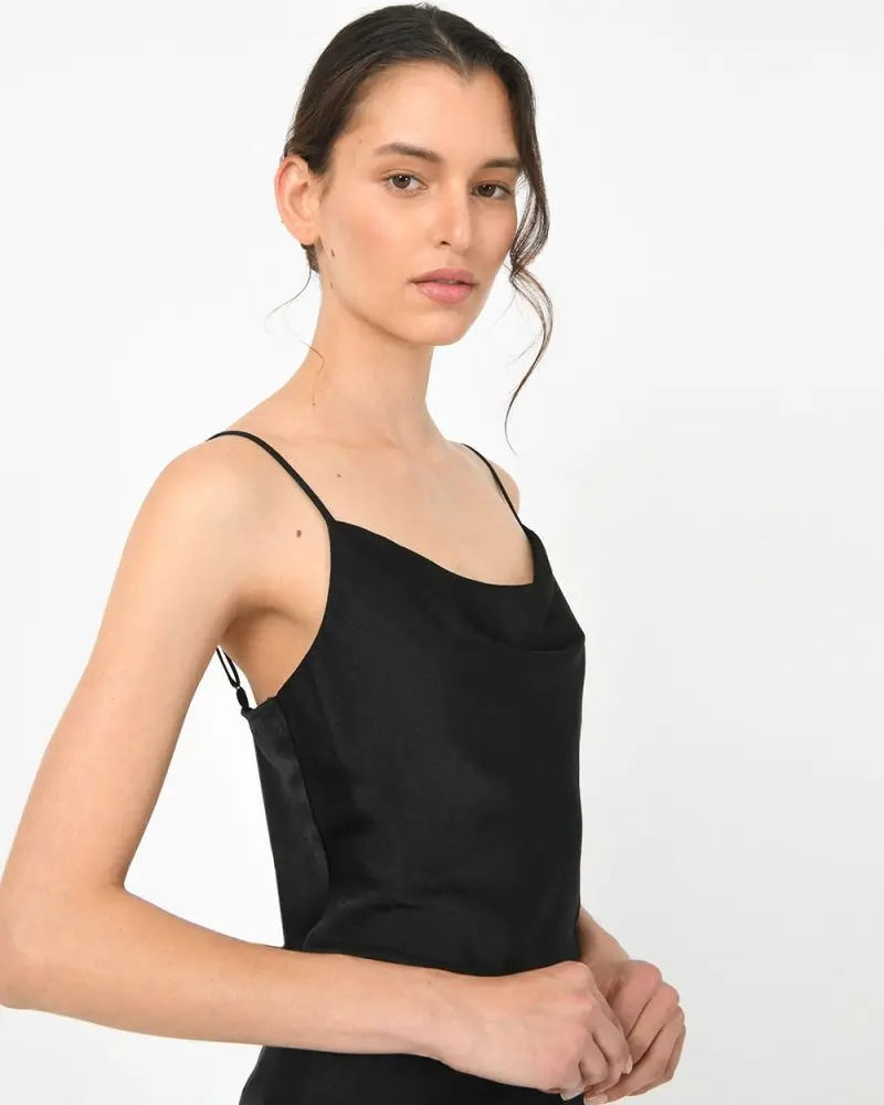 Forcast Clothing, the Isabel Cowl Neck Blouse, features a cowl neckline and spaghetti straps.