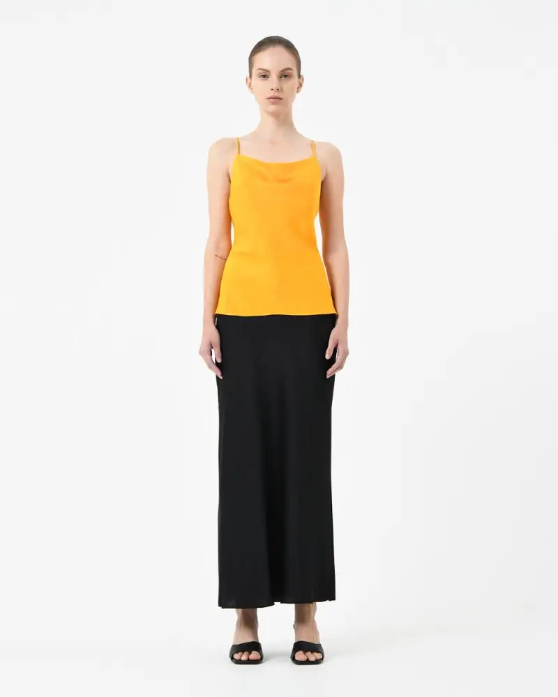Forcast Clothing, the Muse Bias Cut Top, featruing cowl neckline and spaghetti straps