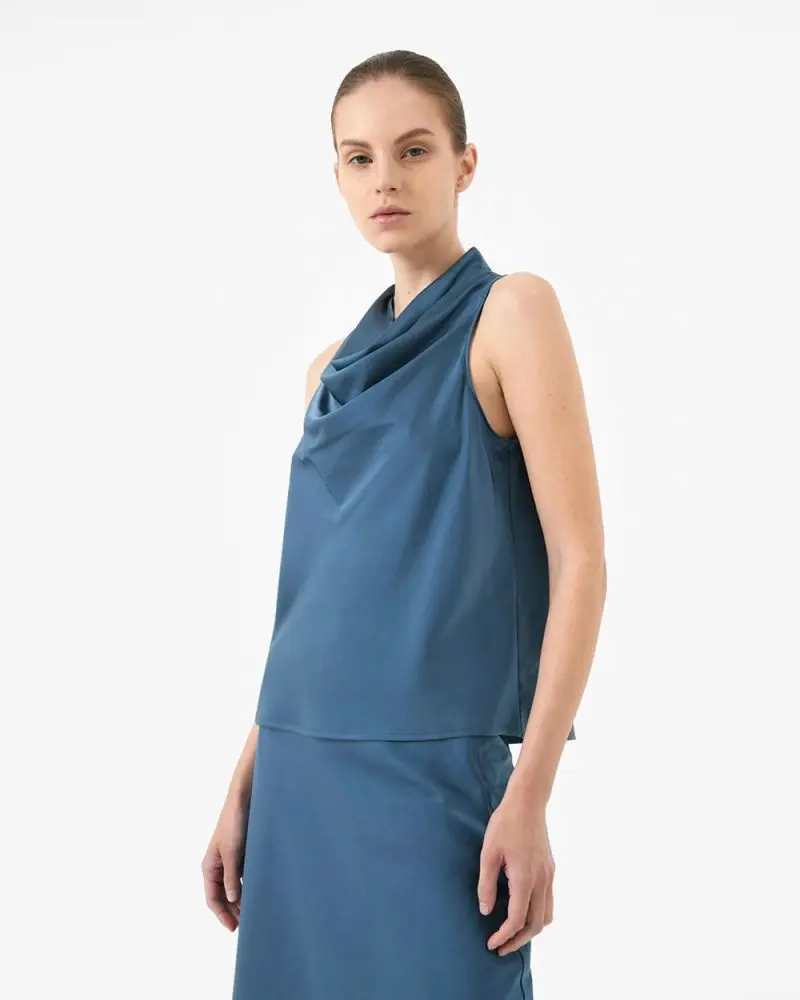 Forcast Clothing, the Staria Cowl Neck Top, featuring cowl neck, sleeveless, and a lustrous sheen