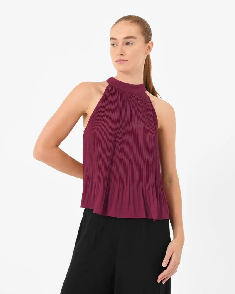 Forcast Clothing, the Cannes Pleated Halter Top, featuring a flattering halter neckline with pleated details
