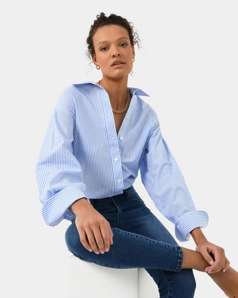 Manhattan Striped Cotton Shirt | Stone Blue | Forcast - Forcast AU