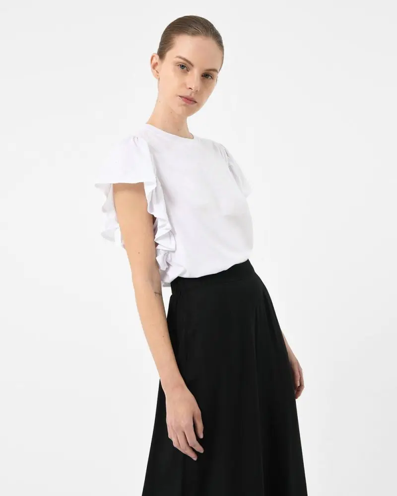 Forcast Clothing, the Akane Ruffled Jersey Top, featuring ruffle sleeves in a relaxed fit