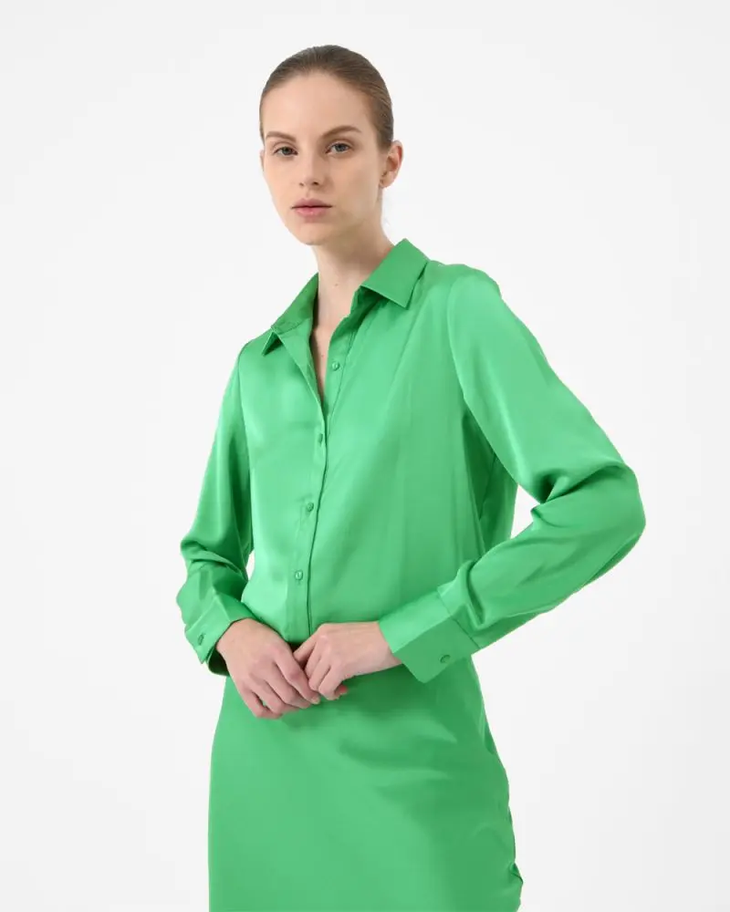 Forcast Clothing, the Coco Loose Fit Satin Blouse, featuring classic button up blouse and silky satin shine