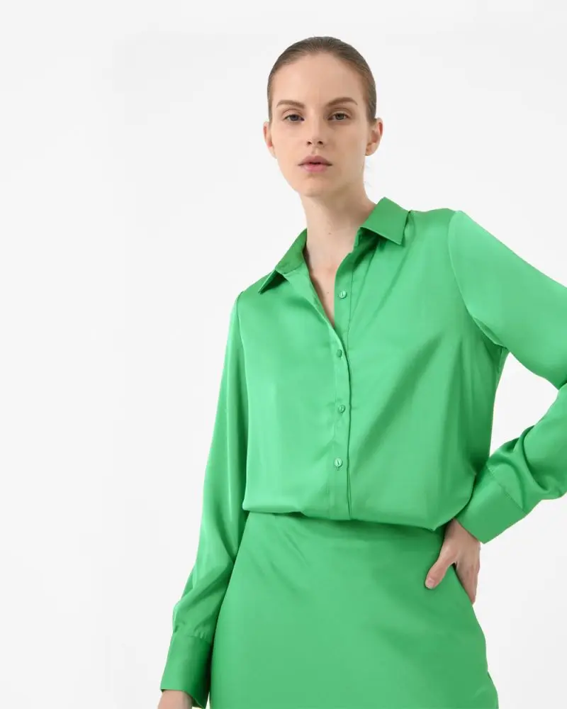 Forcast Clothing, the Coco Loose Fit Satin Blouse, featuring classic button up blouse and silky satin shine