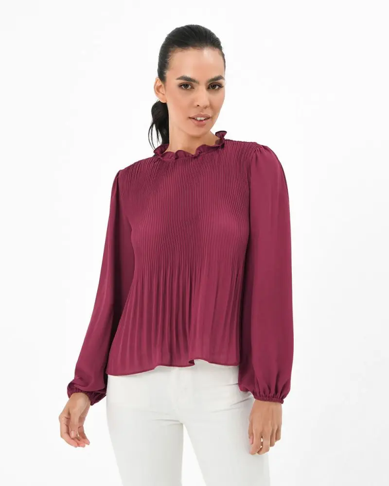 Forcast Clothing, the Ariella Pleated Long Sleeve Blouse, features gathered neckline and relaxed fit