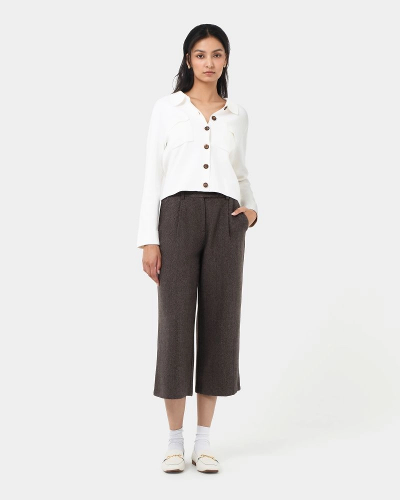 Forcast Clothing, Kyrie Herringbone Culotte, a mid-rise cropped pant featuring a wool-blend fabrication, classic herringbone pattern, fixed waistband with belt loops