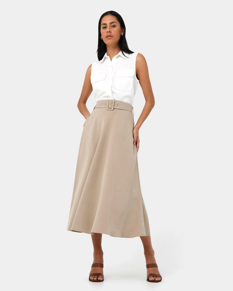 Anali Belted A-Line Skirt, Dark Beige