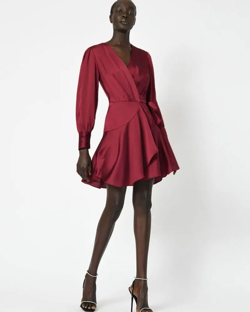 Forcast Clothing, the Penny Long Sleeve Wrap Dress, featuring satin shine fabrication and wrap front with tie side opening