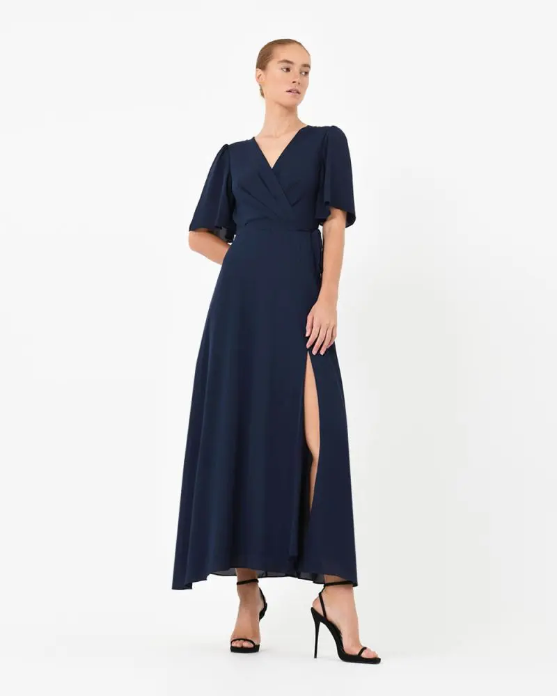 Forcast Clothing, the Cannes Draped Sleeve Maxi Dress, featuring flutter sleeves and cross over front pleats