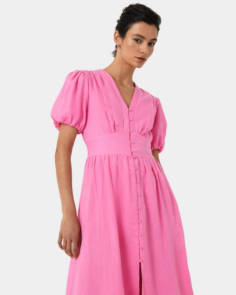 Fernanda Linen Puff Sleeve Dress | Pink | Forcast - Forcast AU