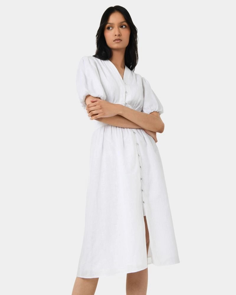 Fernanda Linen Puff Sleeve Dress | White | Forcast - Forcast AU