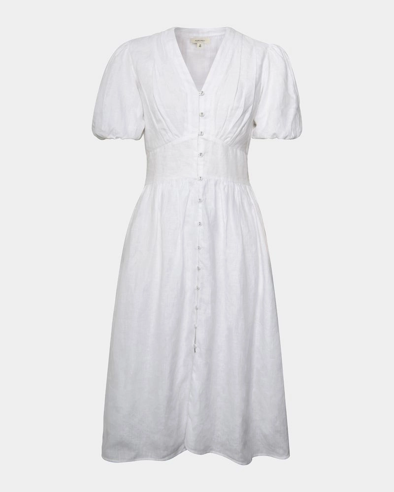 Fernanda Linen Puff Sleeve Dress | White | Forcast - Forcast AU