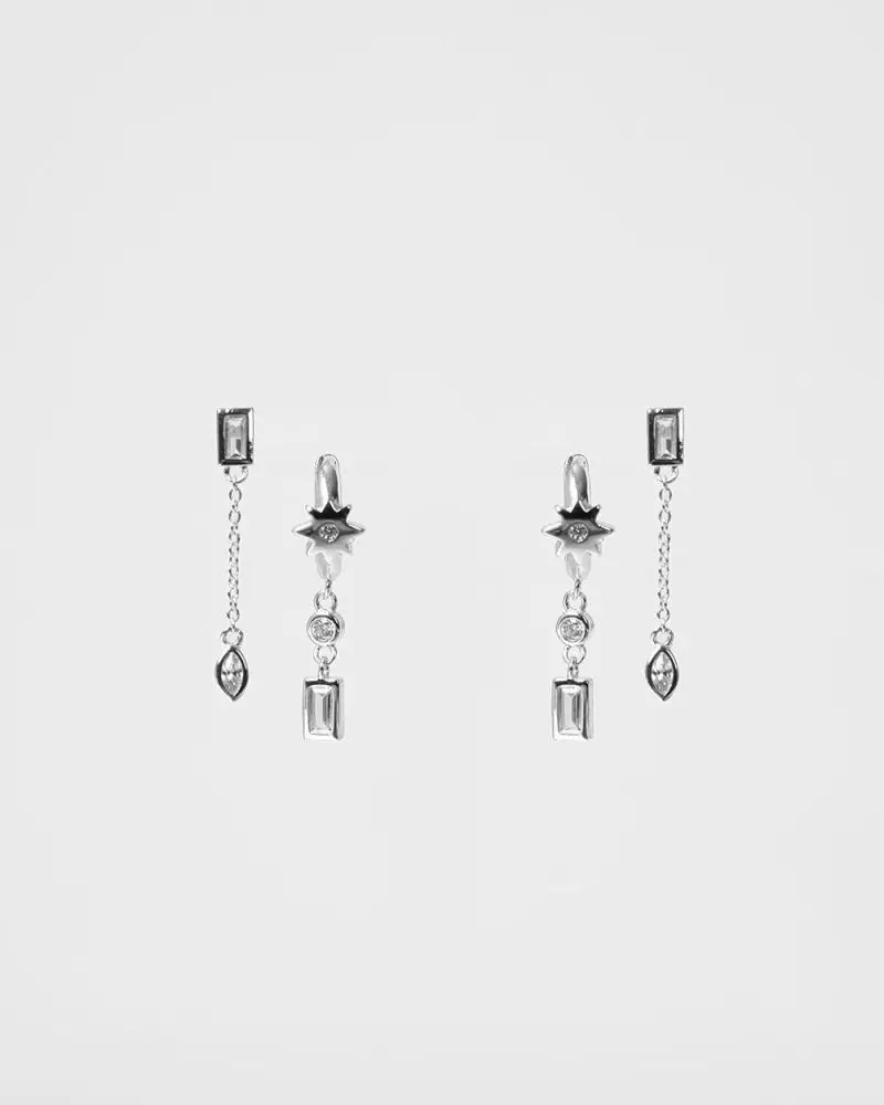 Forcast Clothing, the Diya Sterling Silver Plated 2pc Earring Set, with a Cubic Zirconia Stone stud and chain, alongside small huggie hoops.