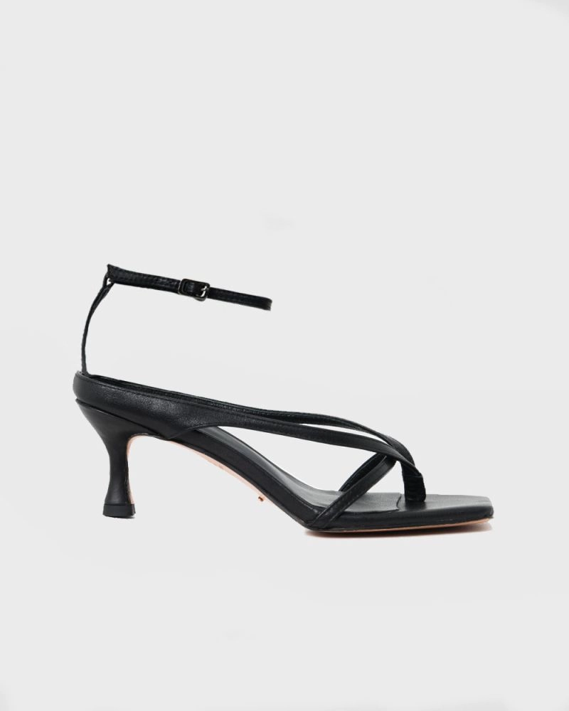 Forcast Shoes, the Alexia Leather heels, featuring a curved heel with an open toe design with adjustable ankle strap