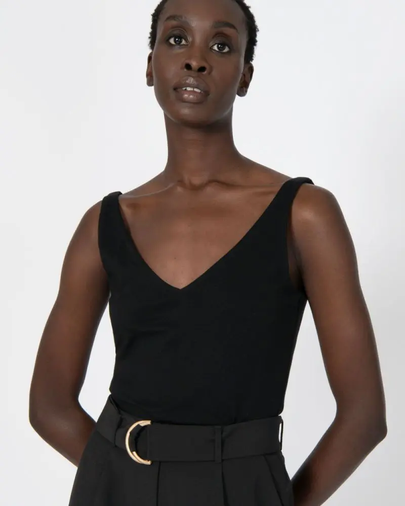 Forcast Clothing, the Rubi Sleeveless Tee, featuring v-neckline with inner shelf bra in a stretch fabrication for a fitted silhouette