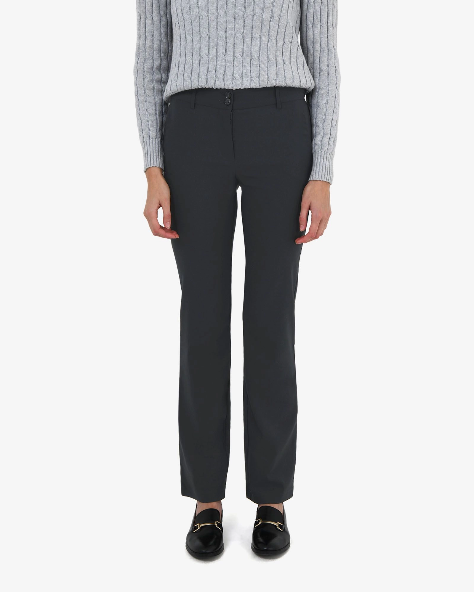 Forcast Clothing, the Annalee Classic Pants, featuring straight leg silhouette and waistband with button front fastening