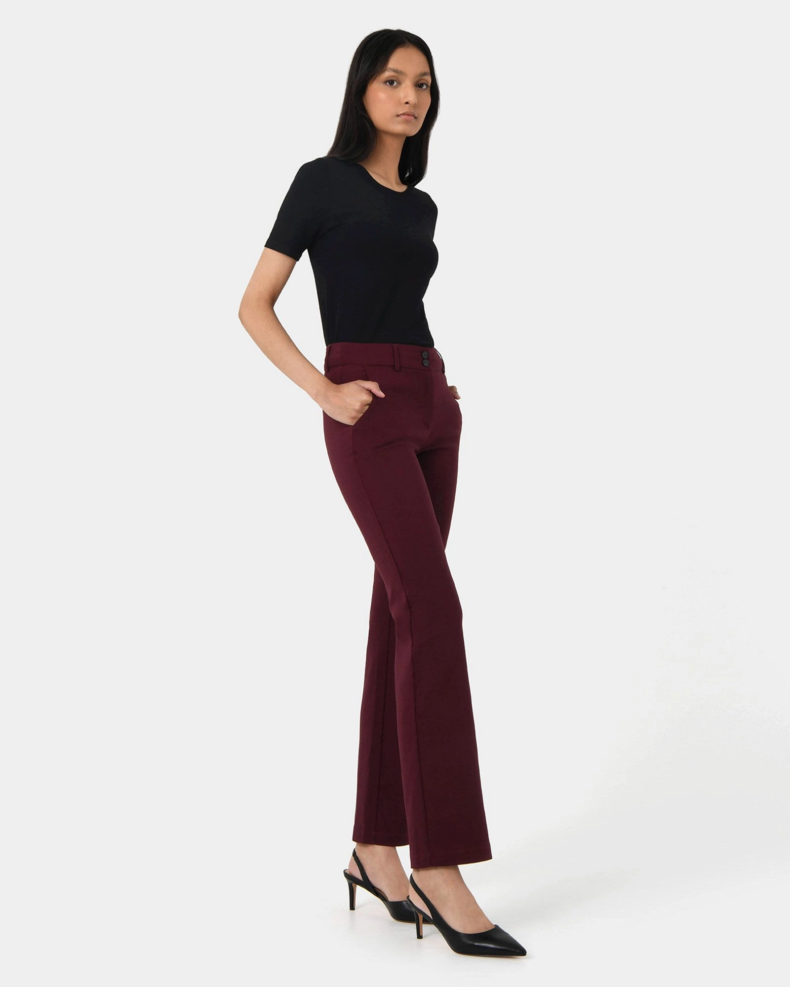 Forcast Clothing, the Annalee Classic Pants, featuring straight leg silhouette and waistband with button front fastening