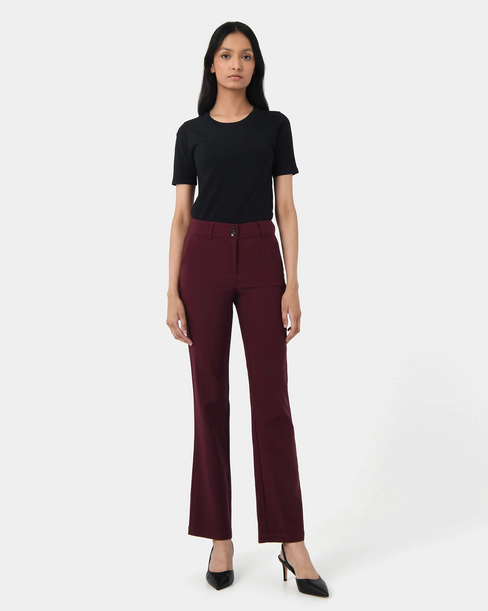 Forcast Clothing, the Annalee Classic Pants, featuring straight leg silhouette and waistband with button front fastening