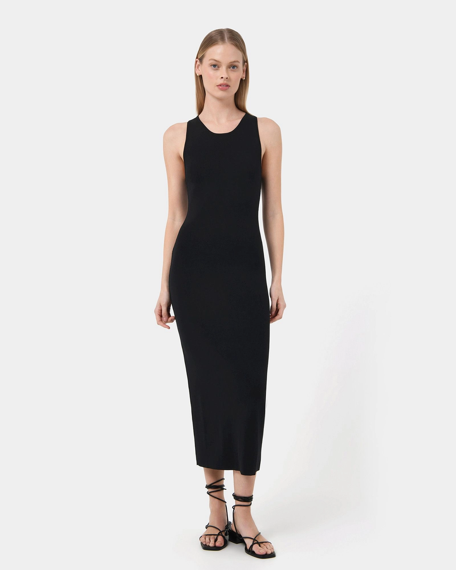 Forcast Clothing, the Rylin Racer Back Knit Dress, featuring soft knit material, a bodycon silhouette, round neckline, and ribbed finish