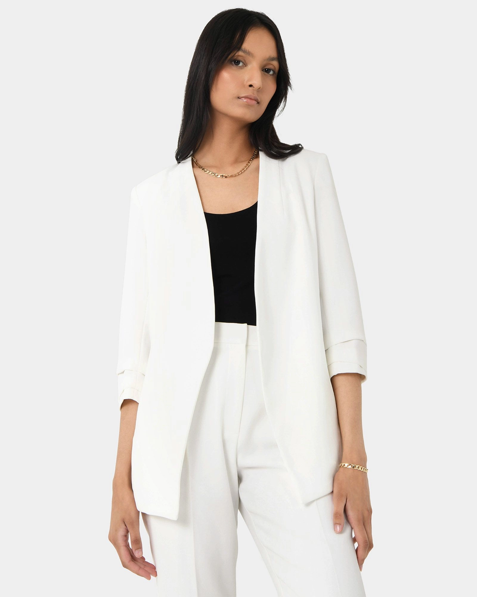 Forcast Clothing, the Carter 2 Collarless Blazer, featuring open front and collarless design 