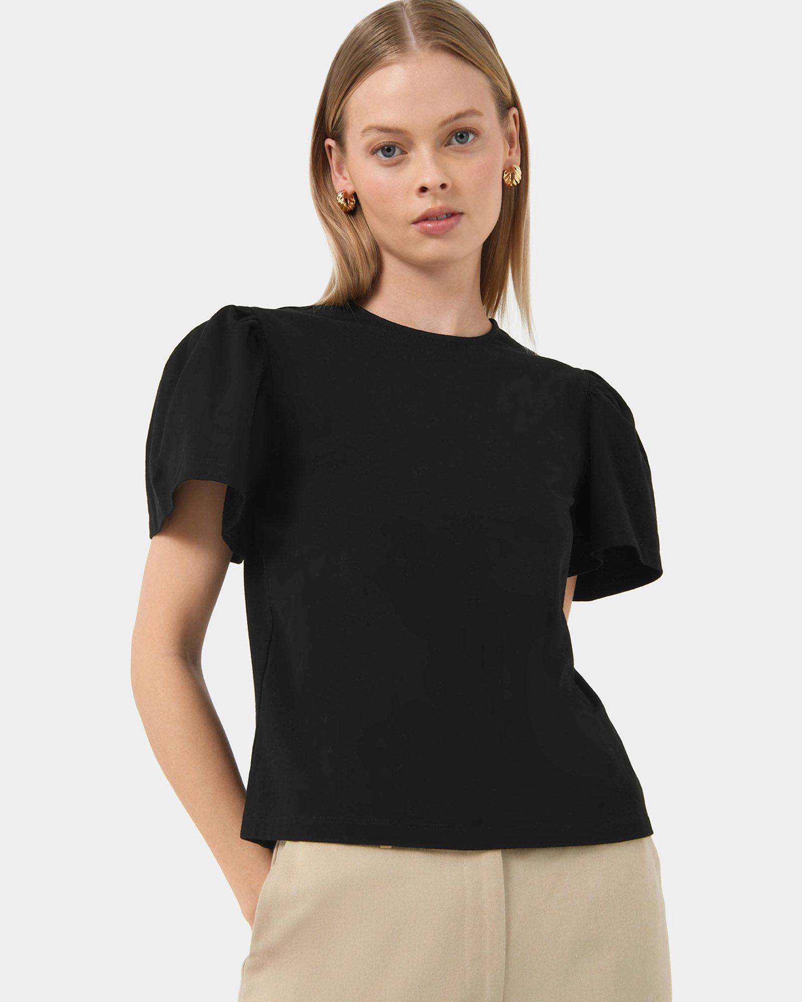 Forcast Clothing, the Cayla Gathered Sleeve Tee featuring a gathered sleeve detail