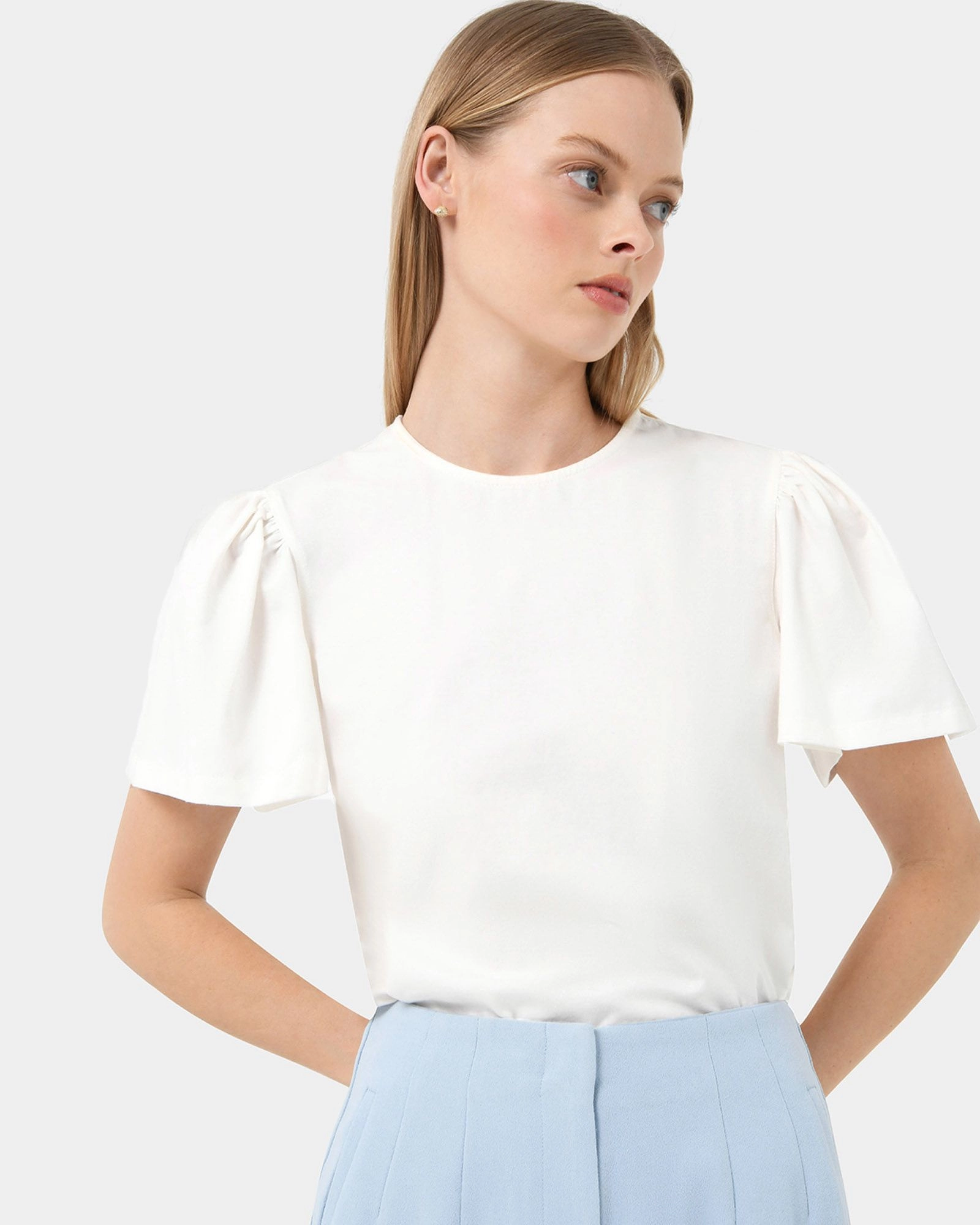 Forcast Clothing, the Cayla Gathered Sleeve Tee, featuring gathered sleeves in a classic tee design