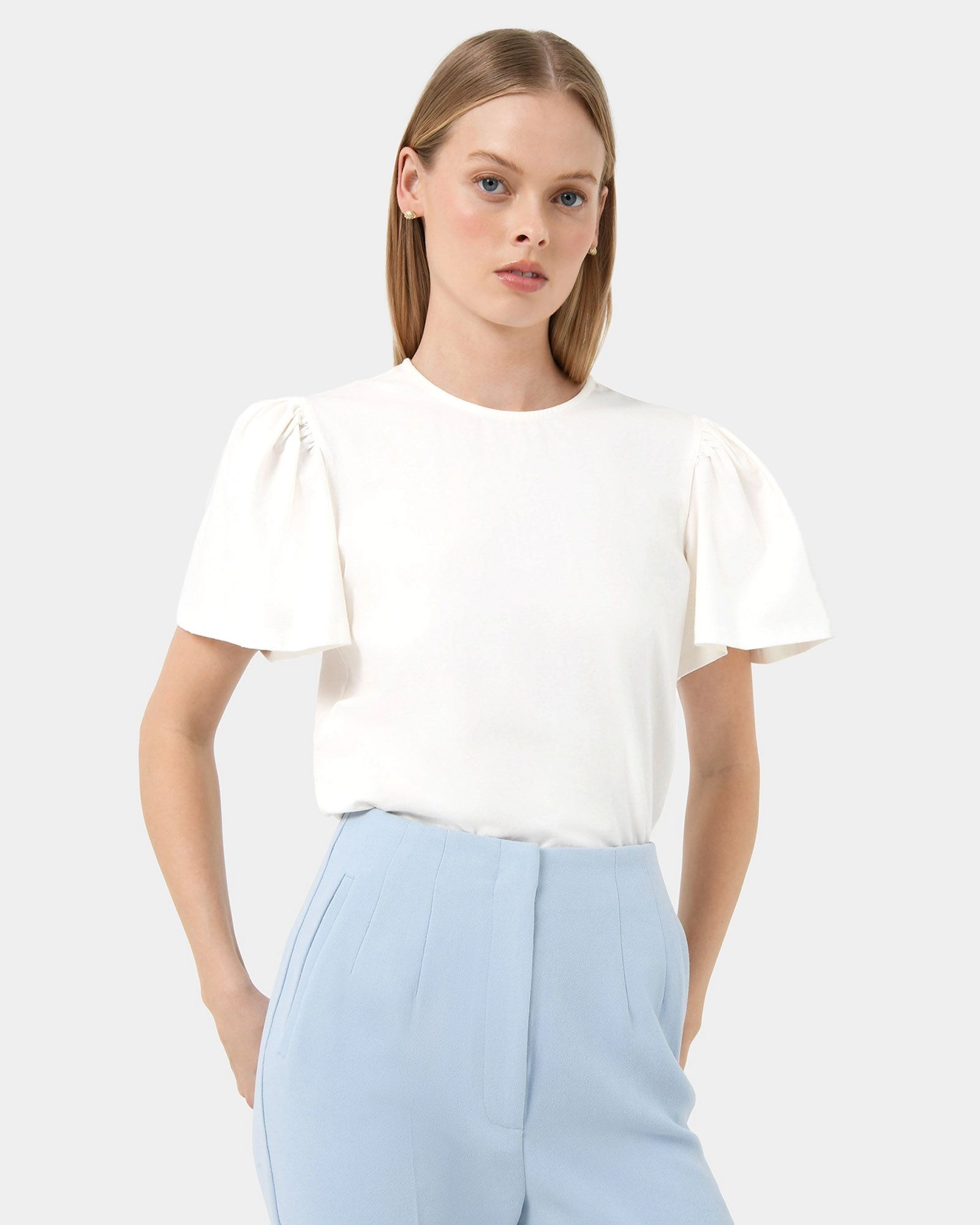 Forcast Clothing, the Cayla Gathered Sleeve Tee, featuring gathered sleeves in a classic tee design